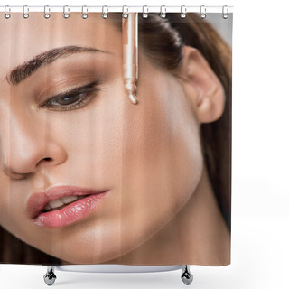 Personality  Attractive Girl Applying Highlighter Or Bronzer With Pipette Shower Curtains