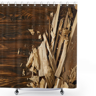 Personality  Elevated View Of Wooden Chips And Pieces On Brown Tabletop  Shower Curtains