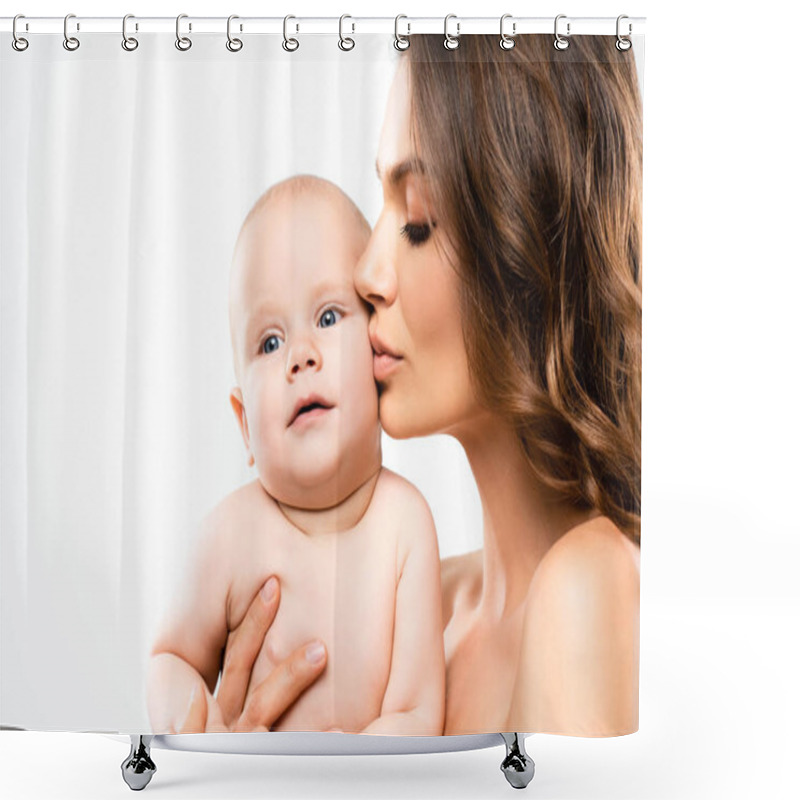 Personality  portrait of naked mother kissing baby, isolated on white shower curtains