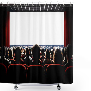 Personality  Cinema Blank Wide Screen And People In Red Chairs In The Cinema Hall. Blurred People Silhouettes Watching Movie Performance. Shower Curtains