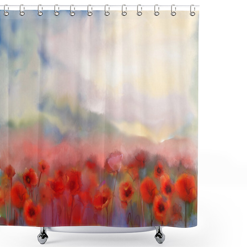 Personality  Red Poppy Flowers Filed  Watercolor Painting Shower Curtains