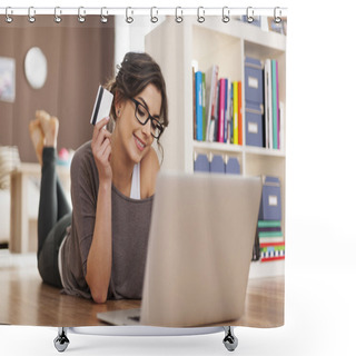 Personality  Woman Doing Online Shopping Shower Curtains