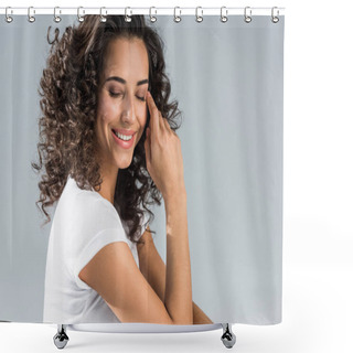 Personality  Charming Curly Woman Smiling With Closed Eyes Isolated On Grey Shower Curtains