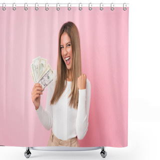 Personality  Young Blonde Woman Over Isolated Pink Background Taking A Lot Of Money Shower Curtains