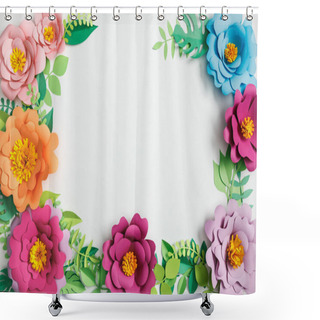 Personality  Top View Of Colorful Paper Flowers And Green Plants With Leaves On Grey Background Shower Curtains