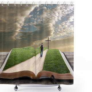 Personality  Open Bible With Man And Cross Shower Curtains