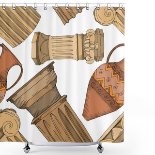 Personality  Vector Antique Greek Amphoras And Columns. Black And White Engraved Ink Art. Seamless Background Pattern. Shower Curtains
