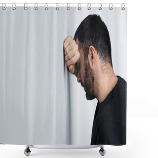 Personality  Depressed Unshaven Man Standing Near White Wall With Closed Eyes Shower Curtains