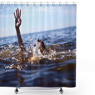 Personality  Help! Man Drowning In The Sea Trying To Float. Shower Curtains