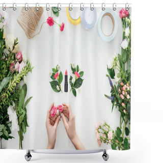 Personality  Cropped View Of Female Hands Holding Rose Buds Over Boutonnieres And Lipstick Surrounded By Flowers On White Background Shower Curtains
