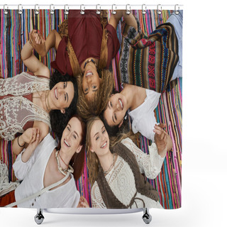 Personality  Top View Of Cheerful Interracial Women Looking At Camera On Blanket In Retreat Center Shower Curtains