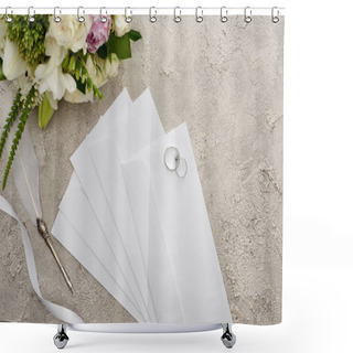 Personality  Top View Of Wedding Rings On Envelopes Near Quill Pen, White Ribbon And Bouquet On Textured Surface  Shower Curtains