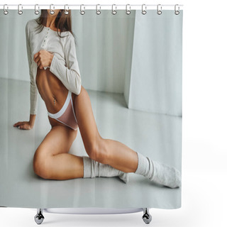 Personality  Cropped, Sexy Young Woman In Socks And Long Sleeve Shirt Sitting On Floor, Showing Pierced Belly Shower Curtains