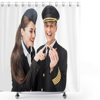 Personality  Young Stewardess And Pilot Holding Toy Plane Isolated On White Shower Curtains