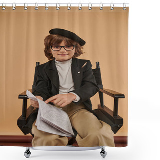 Personality  Boy In Beret And Glasses Sits In Director Chair, Pointing With Finger At Paper, Profession And Kid Shower Curtains