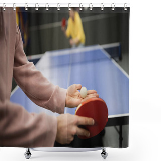 Personality  Cropped View Of Man Holding Racket And Ball While Playing Table Tennis In Gaming Club  Shower Curtains