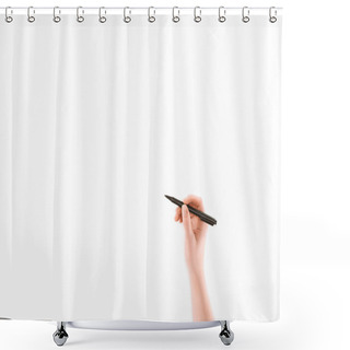 Personality  Cropped Image Of Woman Writing Something With Marker Isolated On White Shower Curtains