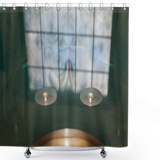 Personality  Beautiful Stained Glass And Wedding Rings On The Glass Table Shower Curtains