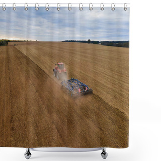 Personality  Farmer With Tractor On Wide Field Tilling The Soil Shower Curtains