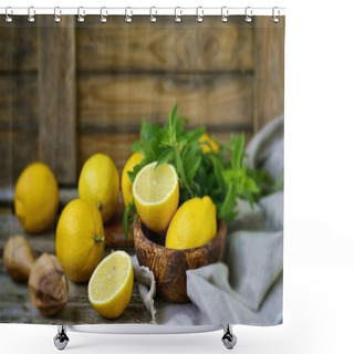 Personality  Juicy And Ripe Organic Lemons In A And Fresh Mint On A Wooden Background Shower Curtains