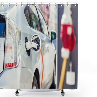 Personality  Power Supply For Electric Car Charging. Electric Car Charging Station. Close Up Of The Power Supply Plugged Into An Electric Car Being Charged. Shower Curtains
