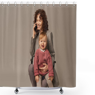 Personality  Balanced Lifestyle, Phone Call, Happy Working Mother Talking On Smartphone And Sitting On Chair With Child On Grey Background, Motherhood, Multitasking, Quality Time, Work Life Balance Concept  Shower Curtains