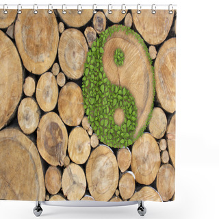 Personality  Stacked Logs Background With Ying Yang Shower Curtains
