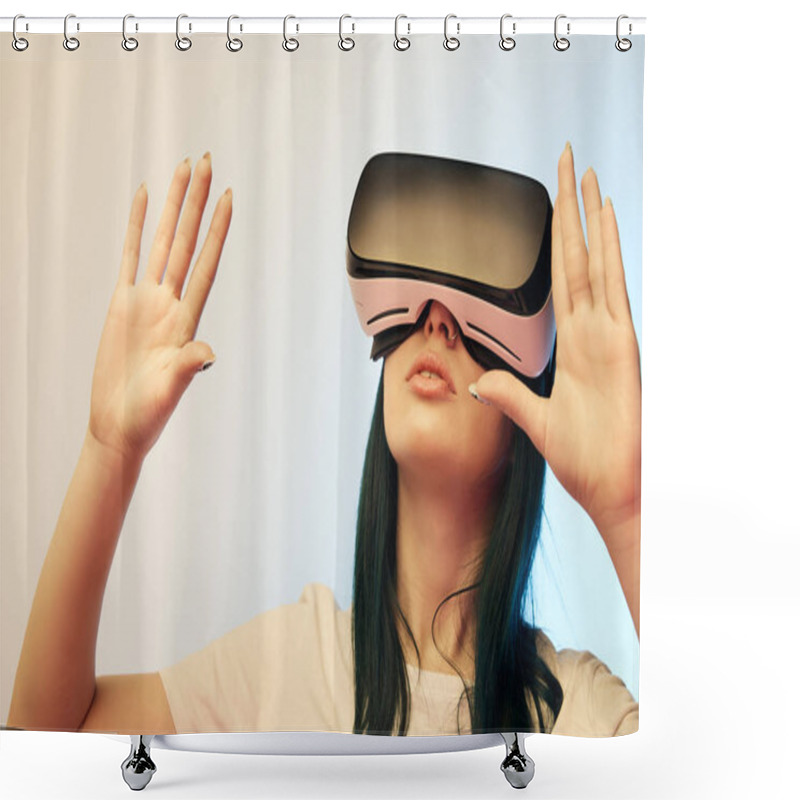 Personality  Brunette Girl Wearing Virtual Reality Headset And Gesturing On Beige And Blue Shower Curtains