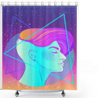 Personality  Portrait Of A Young Pretty Androgynous Woman With Short Shaved Pixie Undercut In Retro Futurism Style. Vector Illustration In Neon Bright Colors. Blue Short Hair. Shower Curtains