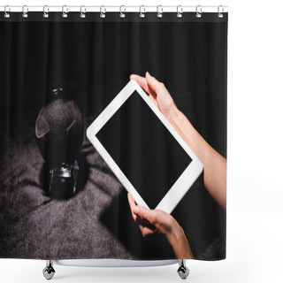 Personality  Cropped View Of Astrologer Holding Digital Tablet Near Crystal Ball On Black Velvet Cloth Shower Curtains