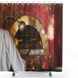 Personality  Cropped Shot Of Chef Taking Pizza From Masonry Oven At Restaurant Kitchen Shower Curtains