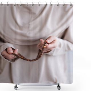 Personality  Selective Focus Of Rosary In Hands Of Blurred Muslim Woman Praying At Home, Cropped View Shower Curtains