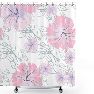 Personality  Pink Flowers Blooming Pattern. Pastel Watercolor Floral Print. Little Pink, Yellow, Lilac Flower On Grey Leaf. Elegant Brush Background. Seamless Botanical Vector Surface. Texture For Fashion Prints. Shower Curtains