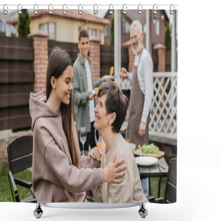 Personality  Cheerful Teenage Girl Talking To Middle Aged Mother During Family Grill Party, Bonding, Father And Son Preparing Food On Bbq Grill, Celebrating Parents Day Concept, Backyard Of Summer House  Shower Curtains