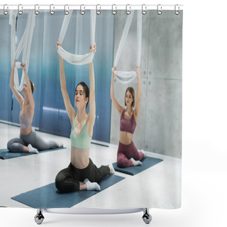 Personality  Sportive Women With Closed Eyes Stretching With Aerial Yoga Straps While Sitting On Fitness Mats Shower Curtains