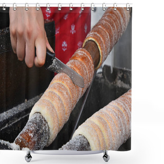 Personality  Close Up Sweet Trdelnik Baking On Grill, This Spit Cake Is Popular In Europe, Austria, Hungary, Slovakia And Czech, Especially In Prague Shower Curtains