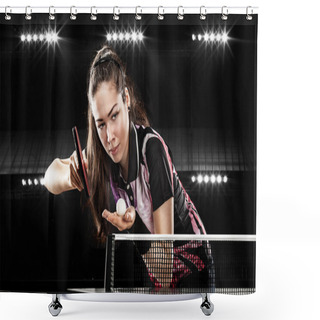 Personality  Young Pretty Sporty Girl Playing Table Tennis On Black Background With Lights Shower Curtains