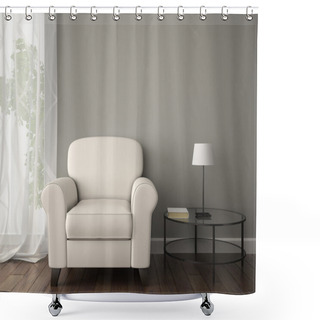 Personality  Part Of Interior With White Armchair Shower Curtains