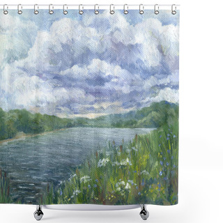 Personality  Sky Over The River, Oil Painting Shower Curtains