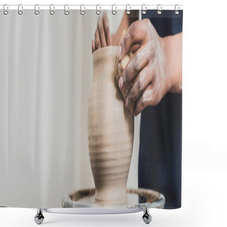 Personality  Partial View Of Young African American Woman Modeling Wet Clay Pot On Wheel With Sponge In Pottery, Banner Shower Curtains