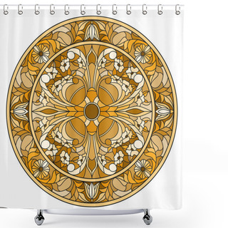 Personality  Illustration In Stained Glass Style, Round Mirror Image With Floral Ornaments And Swirls,brown Tone ,sepia  Shower Curtains