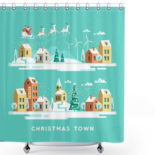 Personality  Santa Claus With Deers In Sky Above The Town. Christmas City. Vector Illustration. Shower Curtains