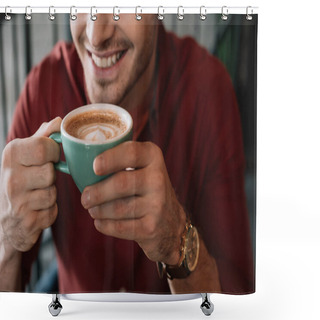 Personality  Cropped View Of Smiling Young Man With Cup Of Tasty Cappuccino In Coffee Shop Shower Curtains