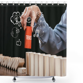 Personality  Cropped View Of Woman Picking Red Block With Word 'trends' Out Of Wooden Bricks, Icons On Foreground Shower Curtains