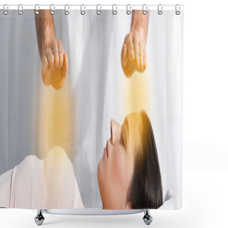 Personality  Panoramic Shot Of Healer Standing Near Woman With Closed Eyes And Holding Hands Above Her Body Shower Curtains