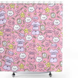 Personality  Female Background With Funny Clouds, Hearts, Stars, Candy, Alarm Clock, Sleep Mask And Pajamas. Pink Seamless Pattern For Little Princess. Female Ornament. Good Night. Shower Curtains