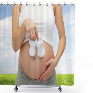Personality  Close Up Of Pregnant Woman With Babys Bootees Shower Curtains