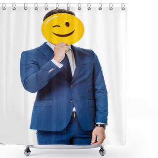 Personality  KYIV, UKRAINE - AUGUST 12, 2019: Businessman In Blue Suit Holding Winking Smiley In Front Of Face Isolated On White Shower Curtains