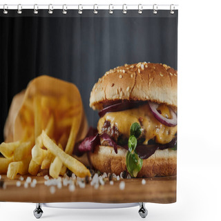 Personality  Selective Focus Of Salt, French Fries And Tasty Burger With Meat And Cheese On Wooden Surface Shower Curtains