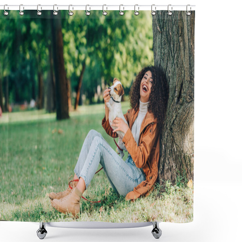 Personality  Selective Focus Of Laughing Woman In Raincoat Playing With Jack Russell Terrier In Park  Shower Curtains
